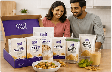 Indian pantry food essentials arranged on a kitchen counter